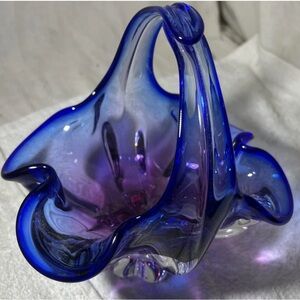 Murano Art Glass Cobalt Blue Emerald Purple Basket w Handle 1970s Italy Vintage